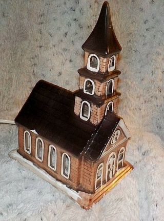 Lighted Ceramic Church For Christmas Village,  Vintage,  1984,  11 " Hi,  5 " X7 " Base