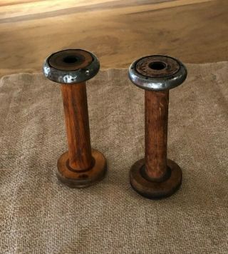 2 Vintage Antique Wooden Textile Industrial Spools Wood 4 3/4 " Tall Appx