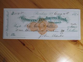 VEGAS - ONE Of 1870s Grocers & Producers Bank,  Providence,  RI Check - READ (CT119) 2