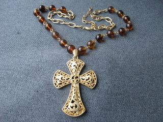 Vintage Filigree Golden Metal Cross Marbled Brown Plastic Beads Chain Necklace