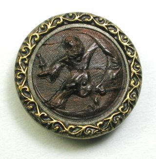 Bb Antique Pressed Wood Button Harlequin & Crescent Moon Man 9/16 " 1890s