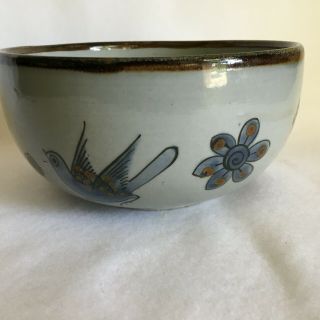 Tonala Pottery Bowl Signed Ken Edwards El Palomar Mexico 8” Birds/flowers