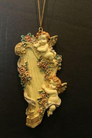 Victorian Angels Cherub & Harp Christmas Ornament Hand Painted Resin Floral Gold