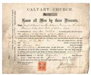 Cavalry Church 1868 Bill Church Pew Rights No 29 Official Deed And Rights