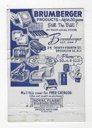 1954 Matchbook Cover BRUMBERGER PRODUCTS Brooklyn NY Photographic Supplies S5832 2