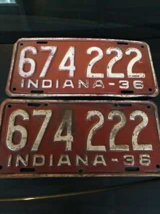 Vintage Rare 1936 Indiana Matching License Plate Set “674 - 222”