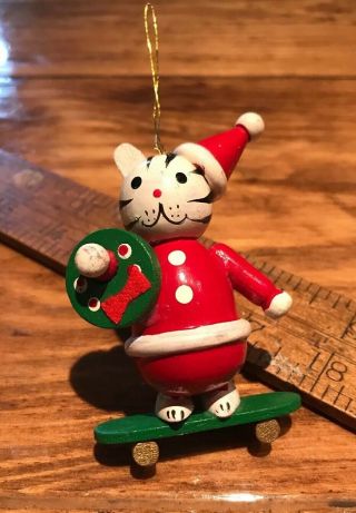 Russ Berrie And Company Wooden Ornament Santa Cat Skateboarding