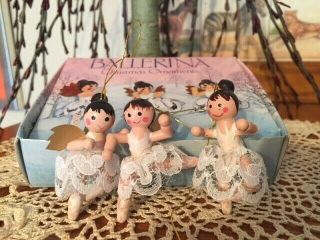 Set Of 3 Vintage Wooden Ballerina Angels Christmas Ornaments Taiwan 1983 Mib