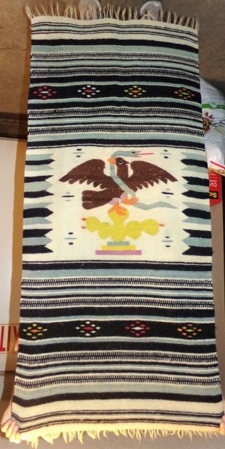 Vintage Mexican Wool Rug / Wall Hanging Mexican Seal Eagle Snake Large 26 X 56