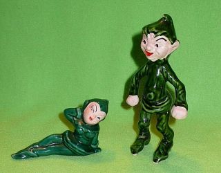 Set Of 2 Vintage Imps / Pixies Pottery Figurines In Green Outfits.  Male & Female