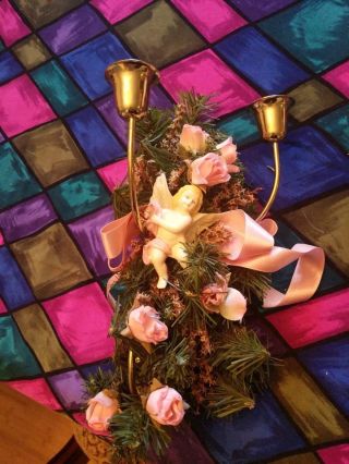 Wall Brass Candle Holder With Porcelain Angel,  Pink Roses,  Pine Tree