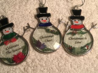 3 Sun Catcher Ornaments - Christmas Snowman Stain Glass Holiday Decor