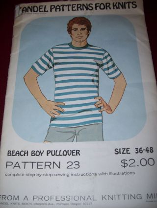 1974 Kandel Mills 23 - Mens Crew Neckline - Beach Boy Pullover Shirt Pattern 36 - 48ff