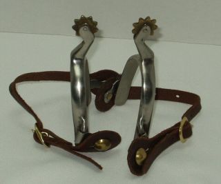 Cowboy Boot Spurs Thick Leather Strap With Brass Rowels And Buckle