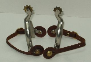 COWBOY BOOT SPURS THICK LEATHER STRAP WITH BRASS ROWELS AND BUCKLE 2