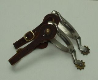 COWBOY BOOT SPURS THICK LEATHER STRAP WITH BRASS ROWELS AND BUCKLE 4