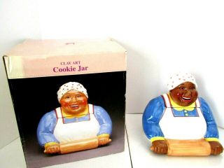 Cookie Jar Mammy W/rolling Pin Baking Time Clay Art Americana 1995