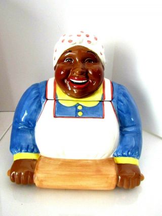 Cookie Jar mammy w/Rolling Pin Baking Time Clay Art Americana 1995 2