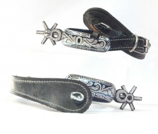 Blued Mexican Spurs With Silver Decoration,  Horseshoe & Greek Key Pattern