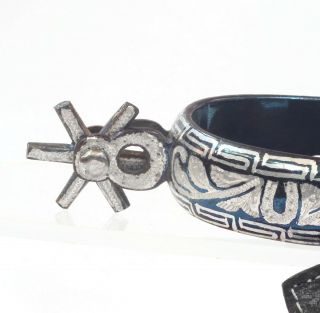 Blued Mexican Spurs with Silver Decoration,  Horseshoe & Greek Key Pattern 4