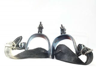 Blued Mexican Spurs with Silver Decoration,  Horseshoe & Greek Key Pattern 5