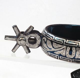 Blued Mexican Spurs with Silver Decoration,  Horseshoe & Greek Key Pattern 6