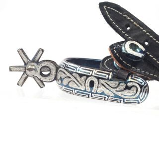 Blued Mexican Spurs with Silver Decoration,  Horseshoe & Greek Key Pattern 7