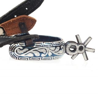 Blued Mexican Spurs with Silver Decoration,  Horseshoe & Greek Key Pattern 8