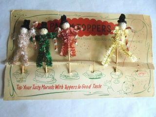 Vintage Card With 4 Christmas Snowman Party Topper Cocktail Pick Decorations