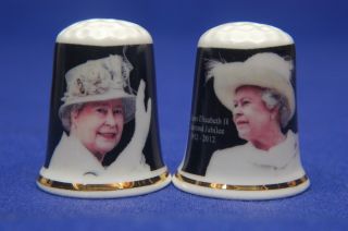 Queen Elizabeth Ii Diamond Jubilee 1952 - 2012 Set Of 2 China Thimbles B/51