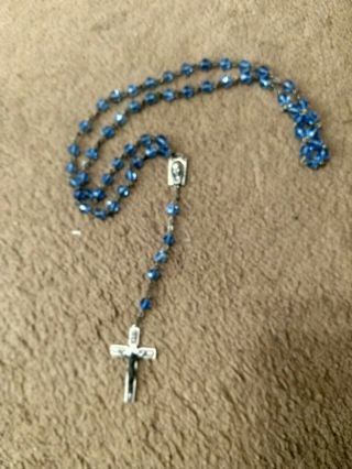 Vintage Rosary - 21 " Blue Glass Beads & Crucifix Marked Italy