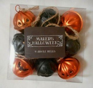 Pkg Of 9 Blk & Orange Halloween 1.  75 " Jack O Lantern Metal Jingle Bell Ornament