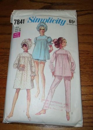 Simplicity Pajamas Nightgown Curler Cap Sewing Pattern 7841 Misses 16 Vtg 1968