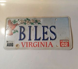 Virginia Vanity License Plate " Biles” 2002 Personalized Car License Plate