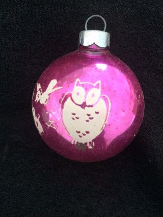 Rare Sm Vtg Shiny Brite Pink Glass Duck Owl Rooster Stencil Christmas Ornament