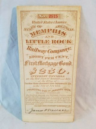 1873 Memphis & Little Rock Railway Co $250.  00 First Mortgage Bond