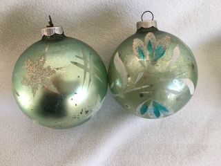 2 Vtg Jumbo Blown Glass Teal Green White Hand Painted Christmas Ornament 4 " Mica