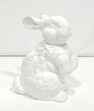 White Ceramic Porcelain Bunny Rabbit Sitting Down With Bow Figurine