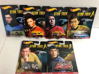 Hot Wheels Star Trek Set Of 6 Kirk Spock Dodge Sulu Uhura Scotty Chevy Jeep Ford