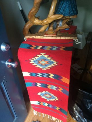 Zapotec Indian Hand Woven Woolen Rug Wall Hanging 16 " Wide With Wooden Hanger Ec