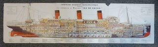 S.  S.  Ile De France - Fascinating 45 1/2 " Long Cut - Away Drawing Of Interior