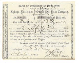 Stk Chicago,  Burlington & Quincy 1860 Small Sized Certificate I/ H T Morgan Co.