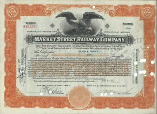 Stk Market Street Railway Co.  1922 San Francisco,  Ca L/t 100 Sh Preferred In Ore