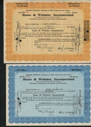 2 Stks Stone & Webster Inc.  1929 Blue & Orange In 1908 Controlled 31 Rrs,  Utili