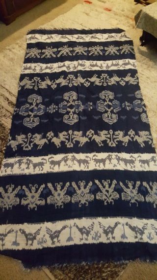 Antique Collectable Ikat Cotton Indigo Shawl Textile From Indonesia 92 " ×44 "