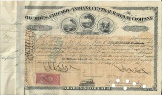 Stk Columbus,  Chicago & Indiana Central Ry 1869 Rev Stamp 4 Vignettes Pretty