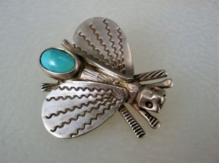 Vintage Navajo Stamped Sterling Silver & Turquoise Horsefly Insect Bug Pin