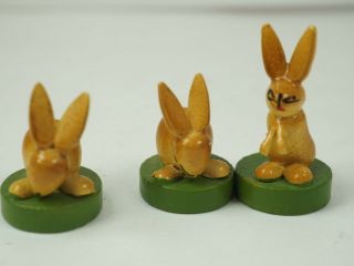 Vintage 3 Carved Little Wooden Bunny Rabbits German Democratic Republic On Stand