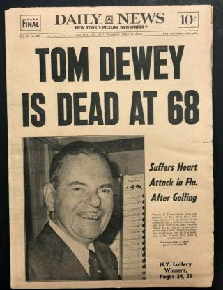 1971 Mar 17 Ny Daily News Newspaper Politics/tom Dewey Dies In Fl Pgs 1 - 104