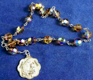 Creed Sterling Silver St Anne Chaplet Rosary Bead Ab Amber Faceted Glass Crystal